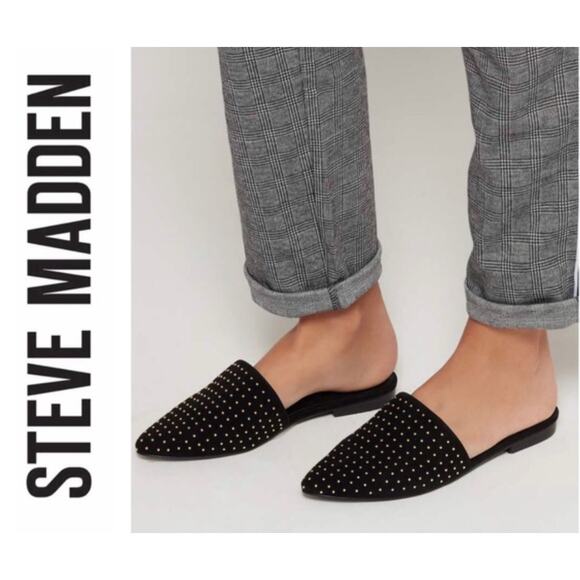 Steve Madden 9 Trace Studded Suede Black Leather Slip On Pointed Toe Trendy Mule - Picture 3 of 10